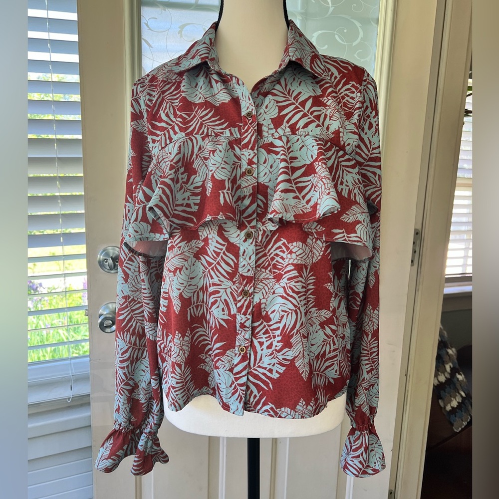 Rock and Roll Denim button down size M blouse. Ruffle to chest and wrist.